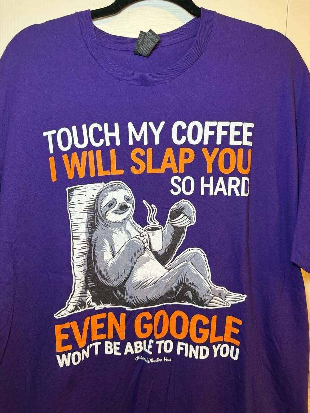 Gildan Heavy Cotton Touch My Coffee Funny Sloth Graphic T-Shirt Purple XL